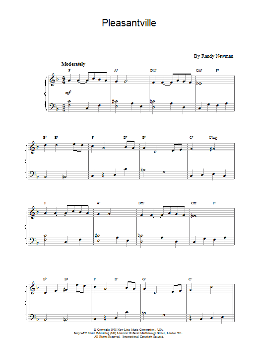 Randy Newman Pleasantville sheet music notes and chords. Download Printable PDF.