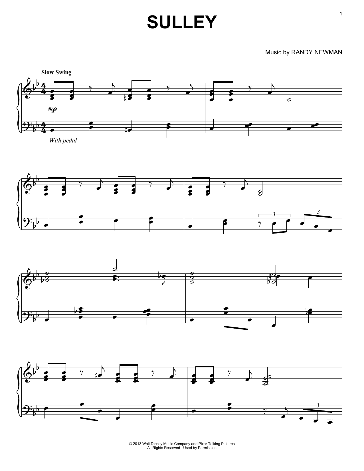 Randy Newman Sulley sheet music notes and chords. Download Printable PDF.