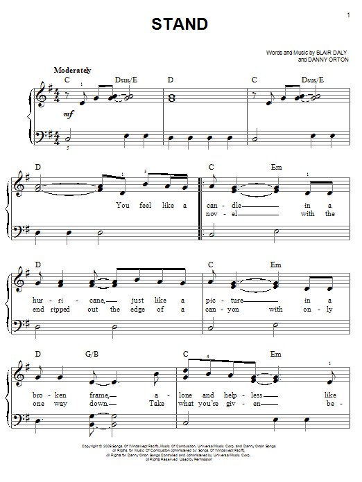 Rascal Flatts Stand sheet music notes and chords arranged for Easy Piano