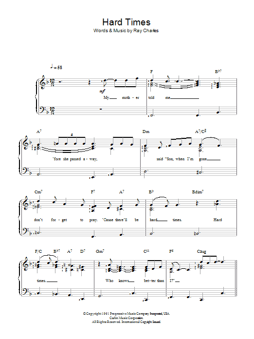 Ray Charles Hard Times sheet music notes and chords. Download Printable PDF.