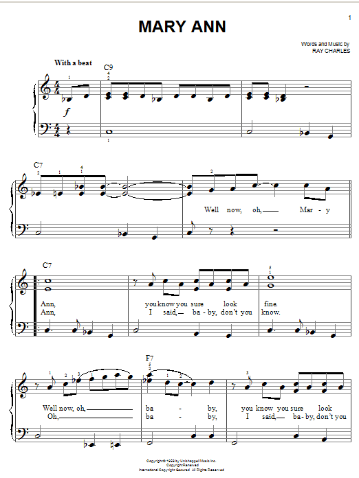 Ray Charles Mary Ann sheet music notes and chords. Download Printable PDF.