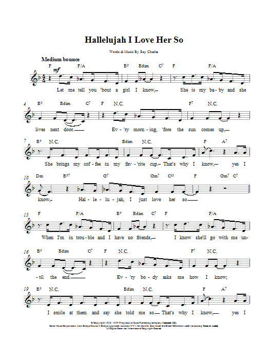 Ray Charles Hallelujah I Love Her So sheet music notes and chords. Download Printable PDF.