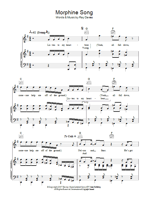 Learn to play Ray Davies Morphine Song sheet music for Piano, Vocal & Guitar (Right-Hand Melody) in minutes. Ray Davies Morphine Song sheet music notes and chords. Download Printable PDF.