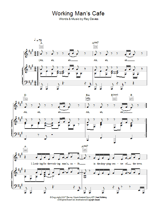 Learn to play Ray Davies Working Man's Cafe sheet music for Piano, Vocal & Guitar (Right-Hand Melody) in minutes. Ray Davies Working Man's Cafe sheet music notes and chords. Download Printable PDF.