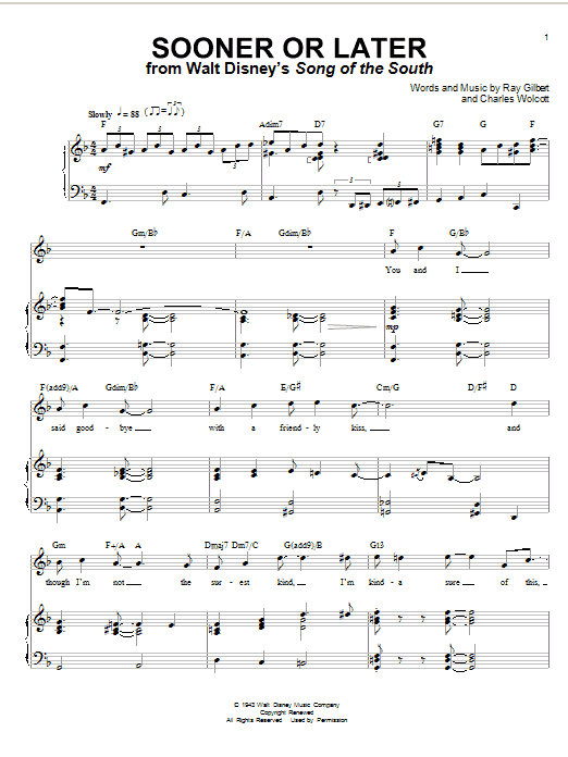 Ray Gilbert "Sooner Or Later (from Disney's Song Of The South)" Sheet Music  PDF Notes, Chords | Children Score Piano, Vocal & Guitar (Right-Hand  Melody) Download Printable. SKU: 30664