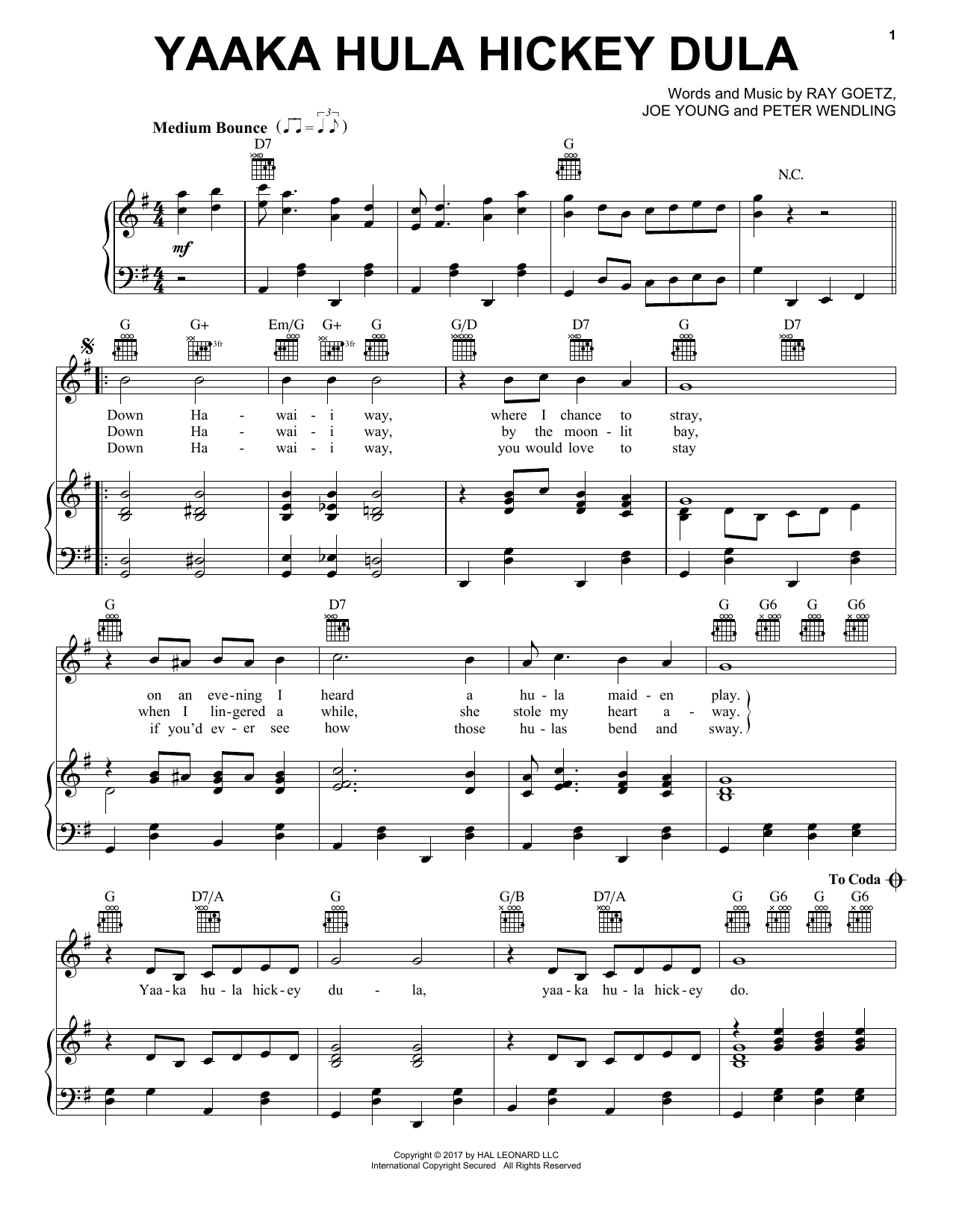 Learn to play Peter Wendling Yaaka Hulaa Hickey Dula sheet music for Piano, Vocal & Guitar Chords (Right-Hand Melody) in minutes. Price: 7.8900$ Peter Wendling Yaaka Hulaa Hickey Dula sheet music notes and chords arranged for Piano, Vocal & Guitar Chords (Right-Hand Melody)
