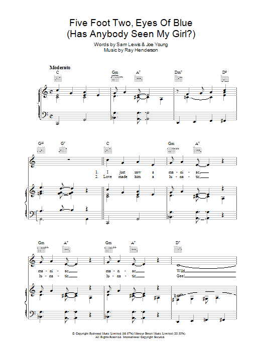Joe Young Five Foot Two Eyes Of Blue Has Anybody Seen My Girl Sheet Music Pdf Notes Chords Pop Score Piano Vocal Guitar Right Hand Melody Download Printable Sku 36224