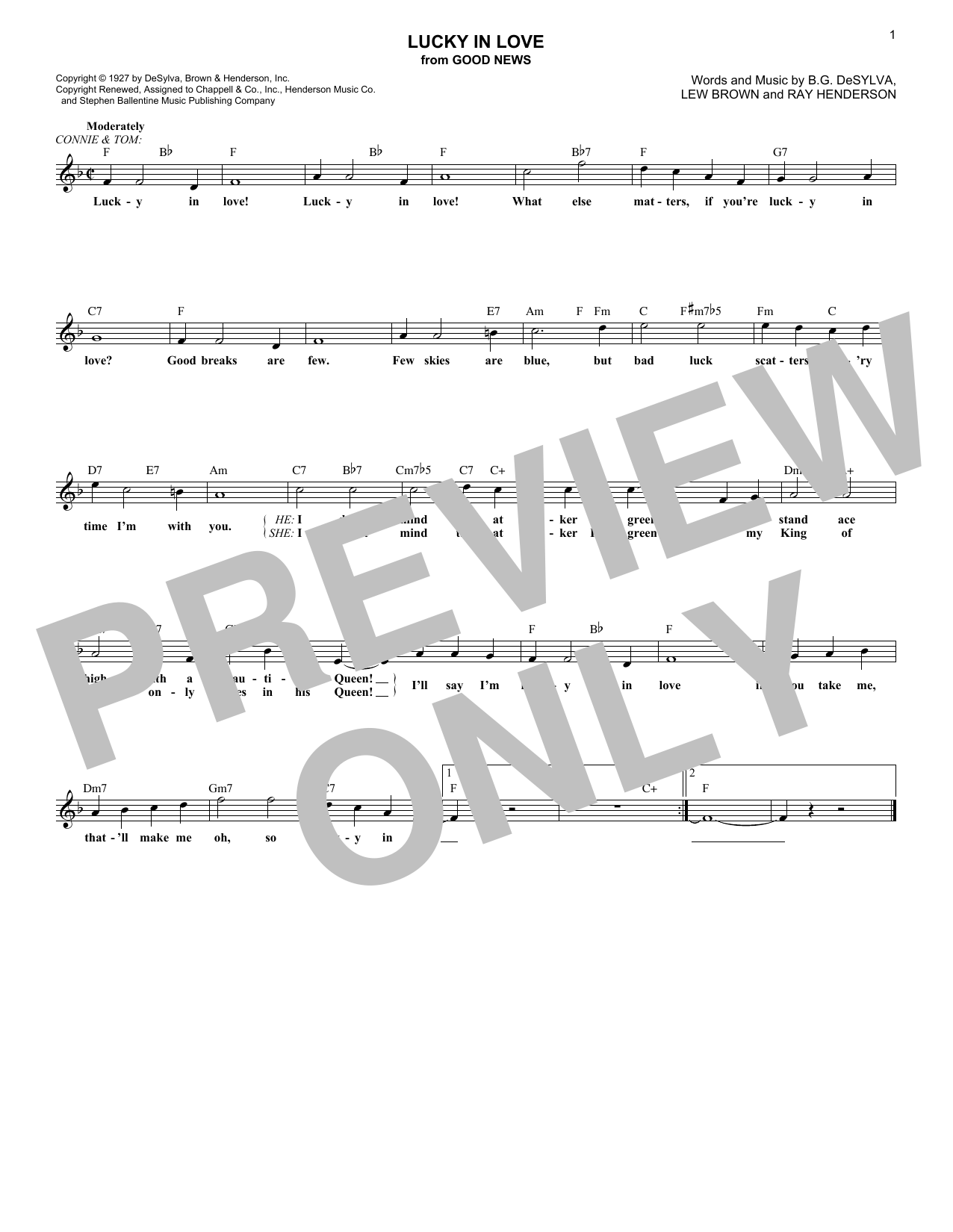 Learn to play Ray Henderson Lucky In Love (from Good News) sheet music for Lead Sheet / Fake Book in minutes. Price: 5.9900$ Ray Henderson Lucky In Love (from Good News) sheet music notes and chords arranged for Lead Sheet / Fake Book