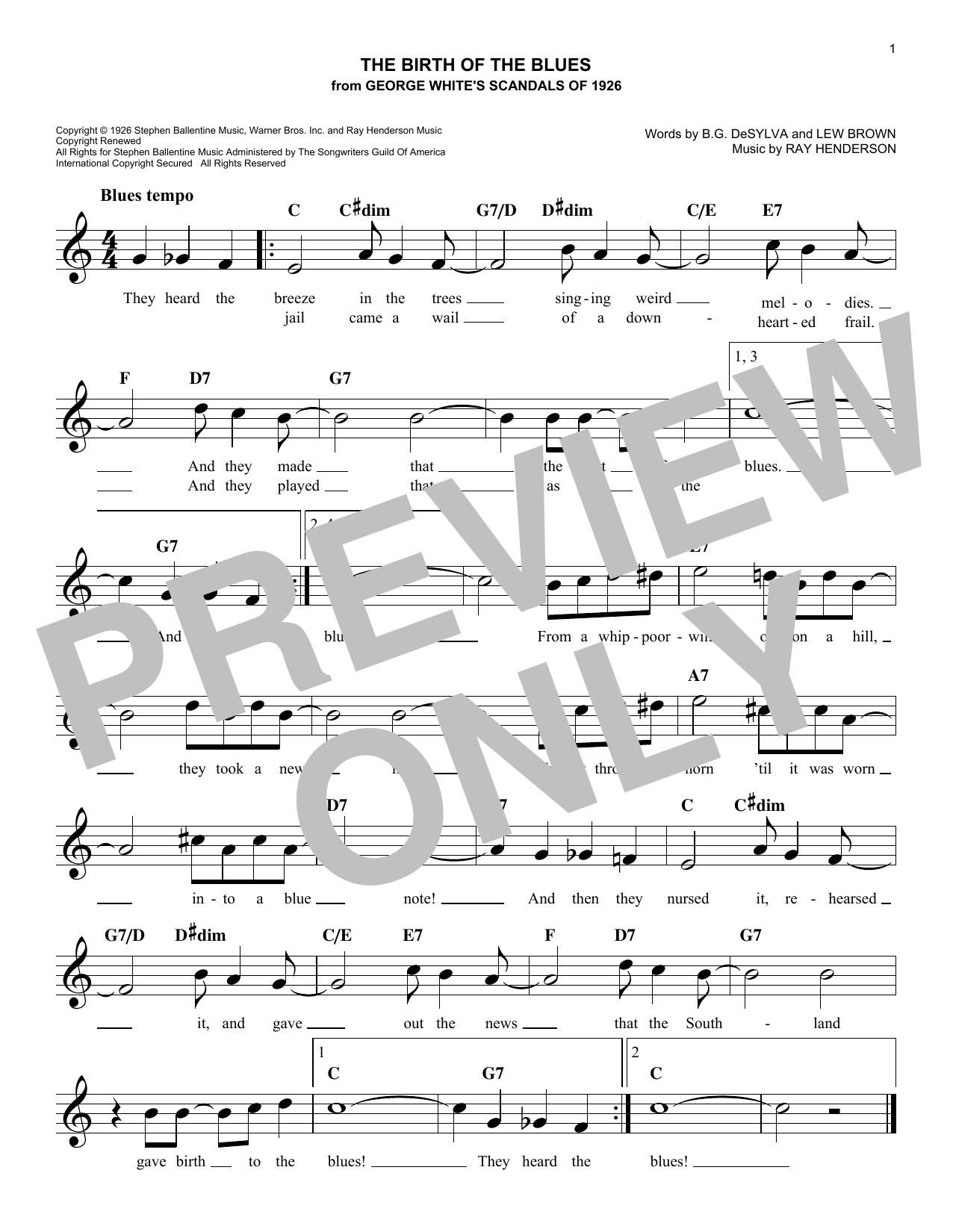 Learn to play Ray Henderson The Birth Of The Blues sheet music for Easy Lead Sheet / Fake Book in minutes. Price: 5.9900$ Ray Henderson The Birth Of The Blues sheet music notes and chords arranged for Easy Lead Sheet / Fake Book