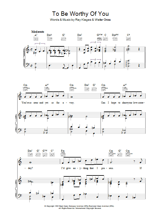 Learn to play Ray Klages To Be Worthy Of You sheet music for Piano, Vocal & Guitar (Right-Hand Melody) in minutes. Ray Klages To Be Worthy Of You sheet music notes and chords. Download Printable PDF.