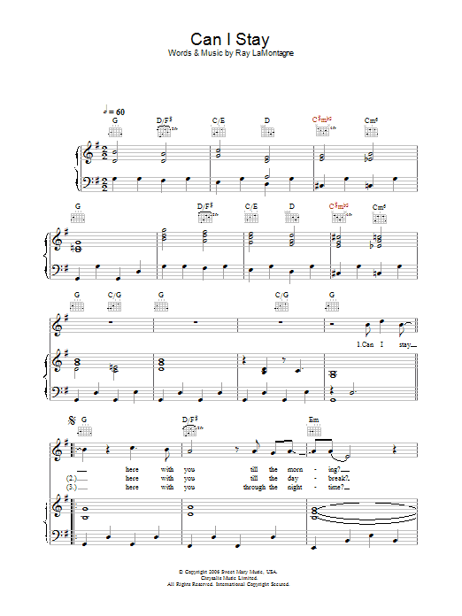Learn to play Ray LaMontagne Can I Stay sheet music for Guitar Tab in minutes. Price: 7.8900$ Ray LaMontagne Can I Stay sheet music notes and chords arranged for Guitar Tab