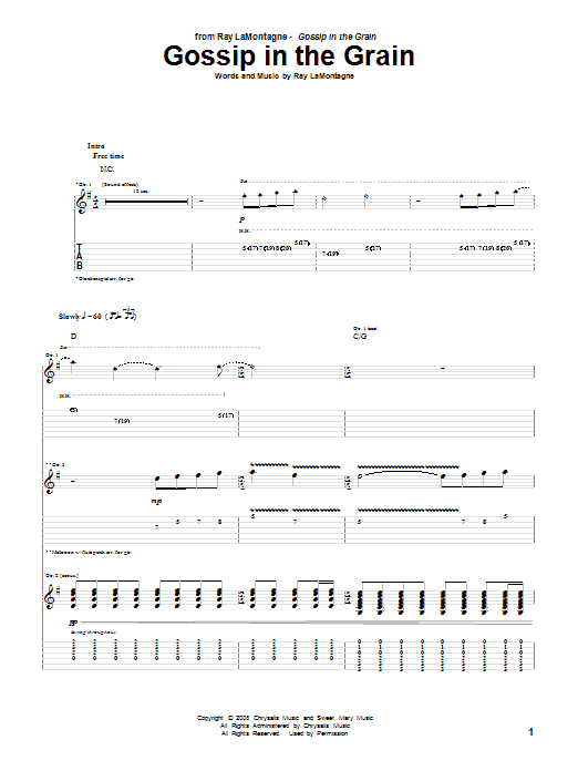 Ray LaMontagne Gossip In The Grain sheet music notes and chords arranged for Guitar Tab
