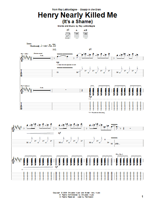 Learn to play Ray LaMontagne Henry Nearly Killed Me (It's A Shame) sheet music for Guitar Tab in minutes. Ray LaMontagne Henry Nearly Killed Me (It's A Shame) sheet music notes and chords. Download Printable PDF.