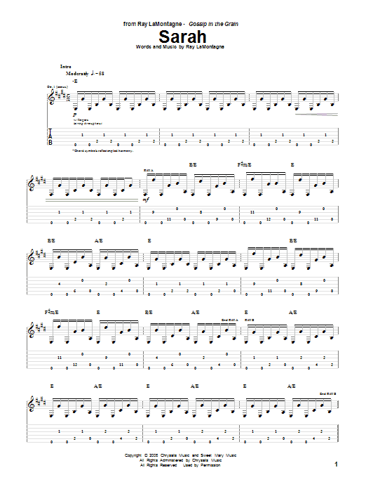 Ray LaMontagne Sarah sheet music notes and chords arranged for Guitar Tab