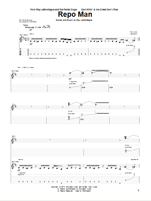 Learn to play Ray LaMontagne and The Pariah Dogs Repo Man sheet music for Guitar Tab in minutes. Price: 7.8900$ Ray LaMontagne and The Pariah Dogs Repo Man sheet music notes and chords arranged for Guitar Tab