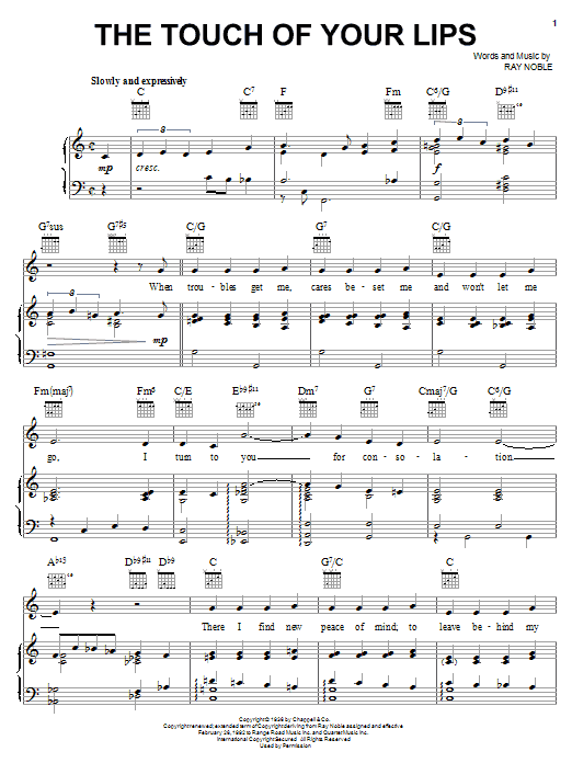 Learn to play Ray Noble The Touch Of Your Lips sheet music for Piano, Vocal & Guitar (Right-Hand Melody) in minutes. Ray Noble The Touch Of Your Lips sheet music notes and chords