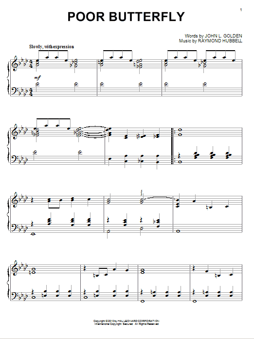 Raymond Hubbell Poor Butterfly sheet music notes and chords. Download Printable PDF.