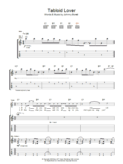 Razorlight Tabloid Lover sheet music notes and chords. Download Printable PDF.