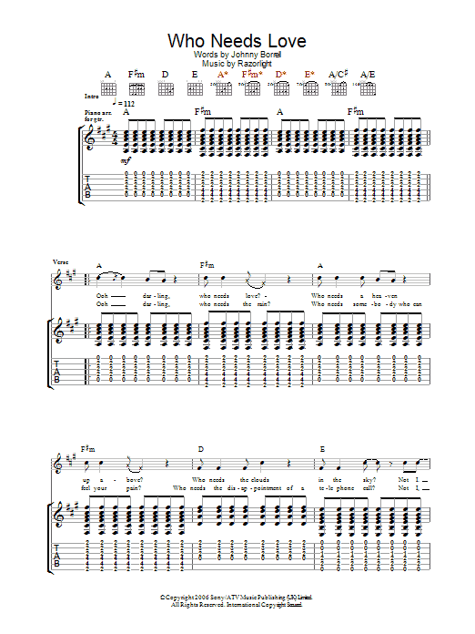 Razorlight Who Needs Love sheet music notes and chords. Download Printable PDF.