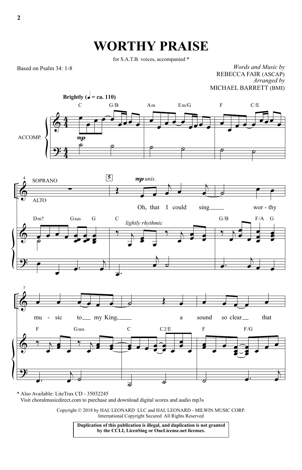Learn to play Rebecca Fair Worthy Praise (arr. Michael Barrett) sheet music for SATB Choir in minutes. Price: 3.9900$ Rebecca Fair Worthy Praise (arr. Michael Barrett) sheet music notes and chords arranged for SATB Choir