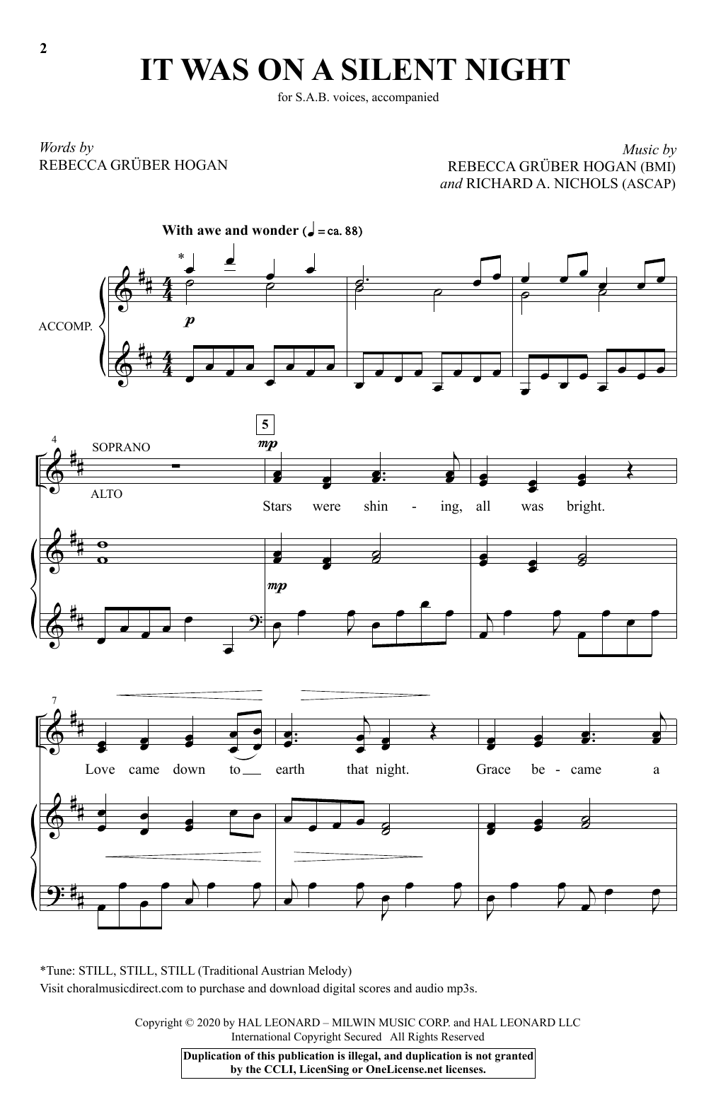 Learn to play Rebecca Gruber Hogan and Richard A. Nichols It Was On A Silent Night sheet music for SAB Choir in minutes. Price: 3.9900$ Rebecca Gruber Hogan and Richard A. Nichols It Was On A Silent Night sheet music notes and chords arranged for SAB Choir