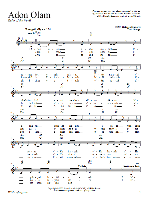 Rebecca Schwartz Adon Olam sheet music notes and chords. Download Printable PDF.