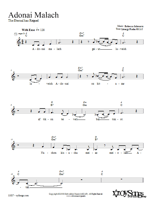 Rebecca Schwartz Adonai Malach sheet music notes and chords. Download Printable PDF.