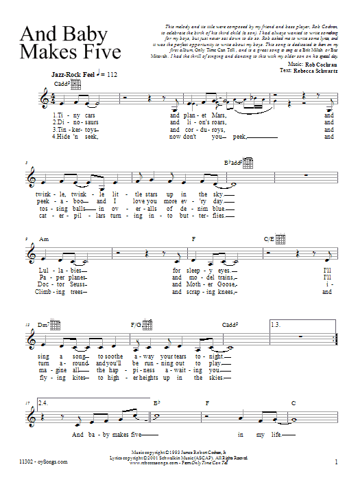 Learn to play Rebecca Schwartz And Baby Makes Five sheet music for Lead Sheet / Fake Book in minutes. Price: 5.9900$ Rebecca Schwartz And Baby Makes Five sheet music notes and chords arranged for Lead Sheet / Fake Book