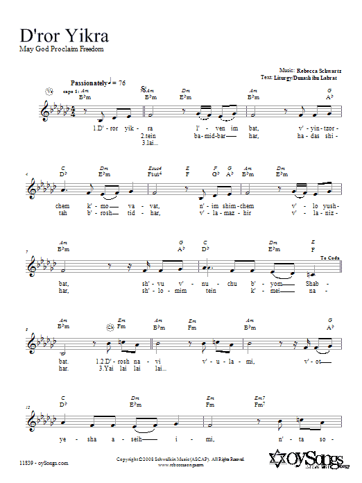 Rebecca Schwartz D'ror Yikra sheet music notes and chords arranged for Lead Sheet / Fake Book
