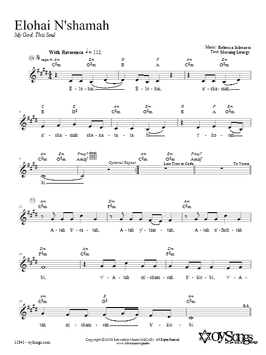 Rebecca Schwartz Elohai N'shamah sheet music notes and chords. Download Printable PDF.