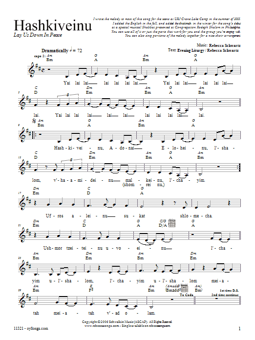 Rebecca Schwartz Hashkiveinu sheet music notes and chords. Download Printable PDF.