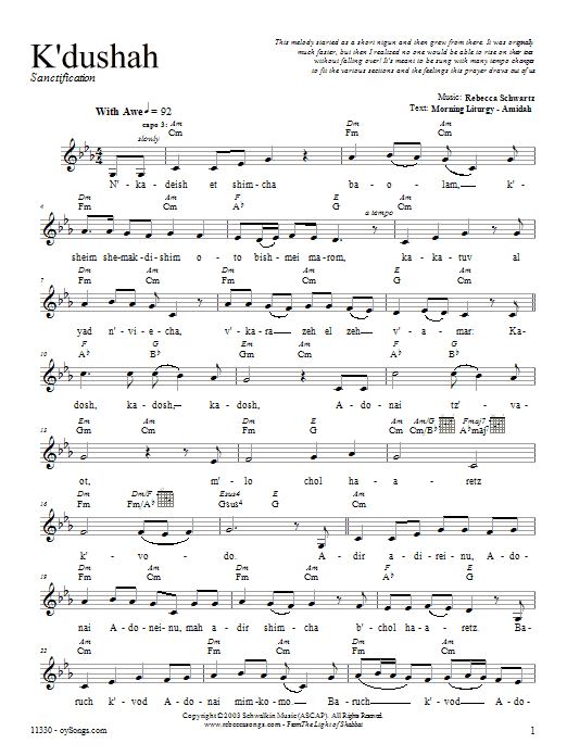 Learn to play Rebecca Schwartz K'dushah sheet music for Lead Sheet / Fake Book in minutes. Price: 5.9900$ Rebecca Schwartz K'dushah sheet music notes and chords arranged for Lead Sheet / Fake Book