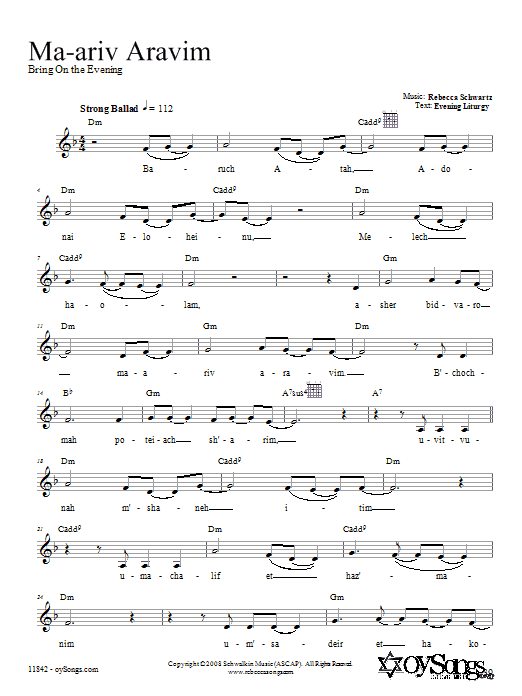 Rebecca Schwartz Ma-ariv Aravim sheet music notes and chords. Download Printable PDF.