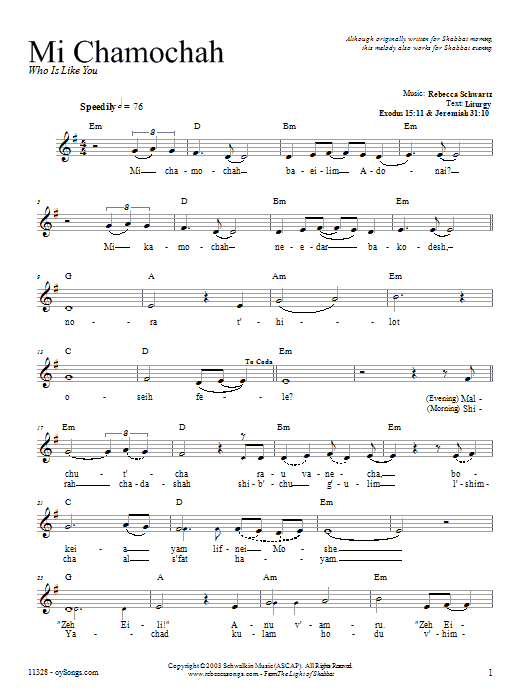 Rebecca Schwartz Mi Chamochah sheet music notes and chords. Download Printable PDF.