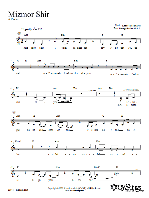 Rebecca Schwartz Mizmor Shir sheet music notes and chords. Download Printable PDF.