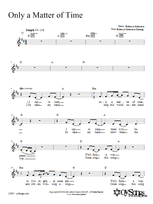 Learn to play Rebecca Schwartz Only a Matter of Time (Oseh Shalom) sheet music for Lead Sheet / Fake Book in minutes. Price: 5.9900$ Rebecca Schwartz Only a Matter of Time (Oseh Shalom) sheet music notes and chords arranged for Lead Sheet / Fake Book