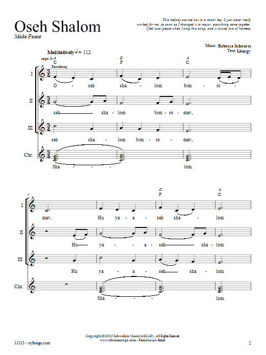 Rebecca Schwartz Oseh Shalom sheet music notes and chords. Download Printable PDF.