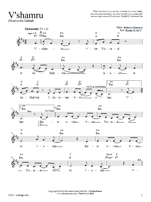 Rebecca Schwartz V'sham'ru sheet music notes and chords. Download Printable PDF.