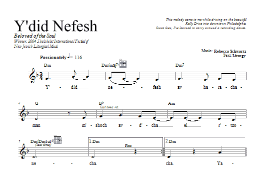 Rebecca Schwartz Y'did Nefesh sheet music notes and chords. Download Printable PDF.