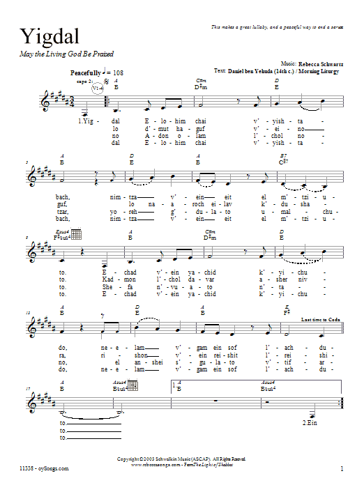 Rebecca Schwartz Yigdal sheet music notes and chords arranged for Lead Sheet / Fake Book