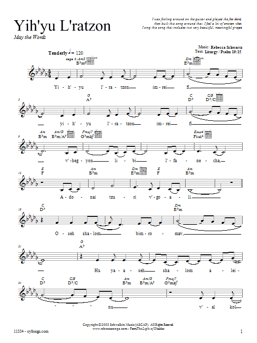 Learn to play Rebecca Schwartz Yih'yu L'ratzon sheet music for Lead Sheet / Fake Book in minutes. Price: 5.9900$ Rebecca Schwartz Yih'yu L'ratzon sheet music notes and chords arranged for Lead Sheet / Fake Book