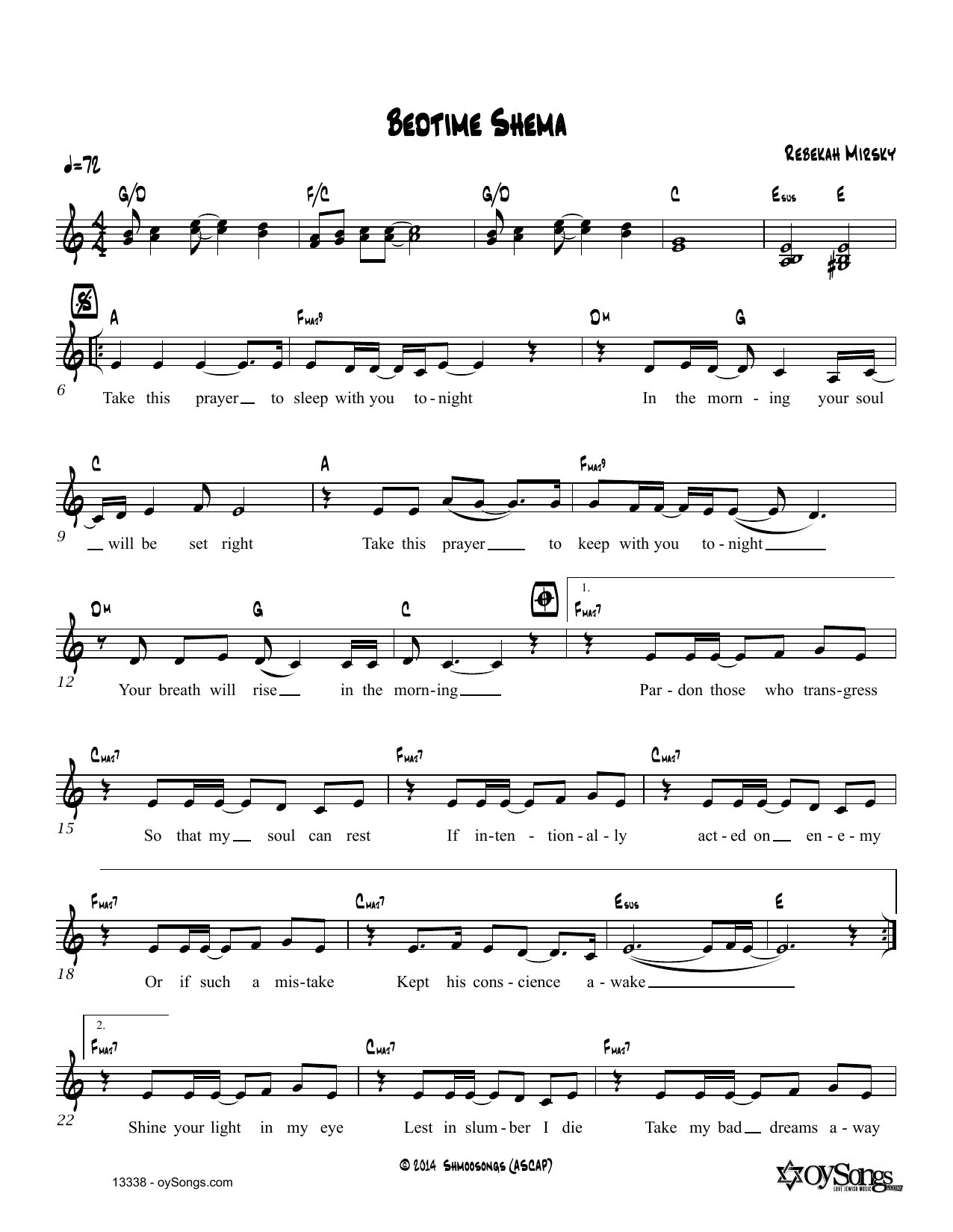 Rebecca Mirsky Bedtime Shema sheet music notes and chords. Download Printable PDF.