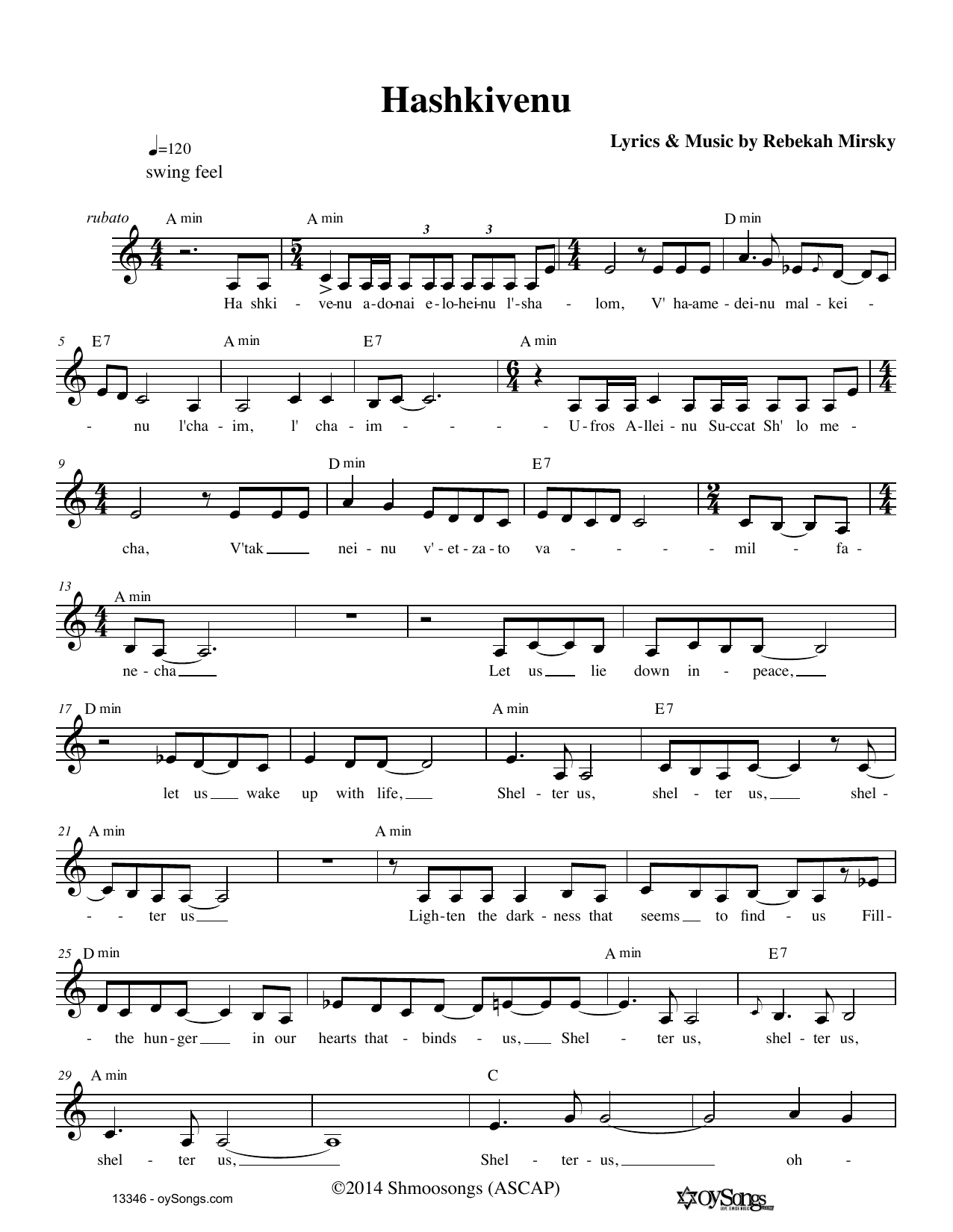 Rebecca Mirsky Hashkivenu sheet music notes and chords. Download Printable PDF.