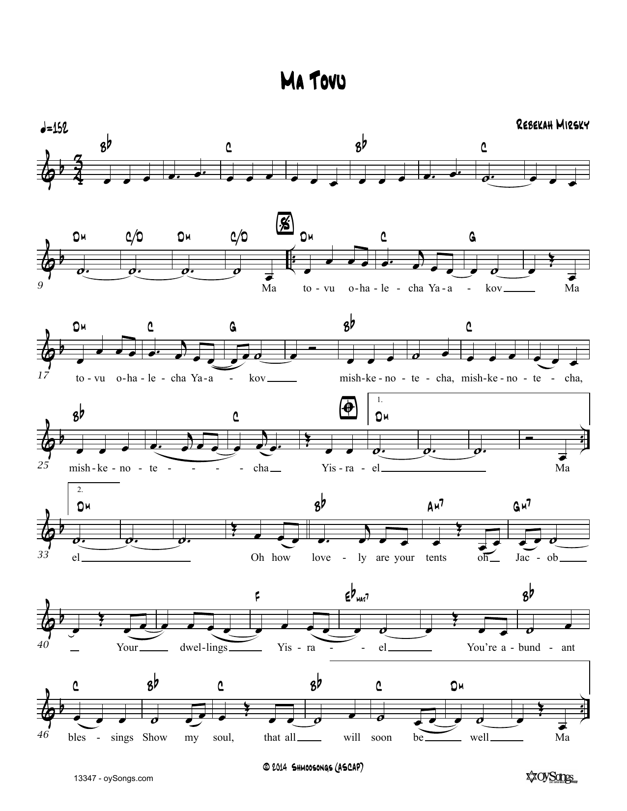 Rebecca Mirsky Ma Tovu sheet music notes and chords. Download Printable PDF.