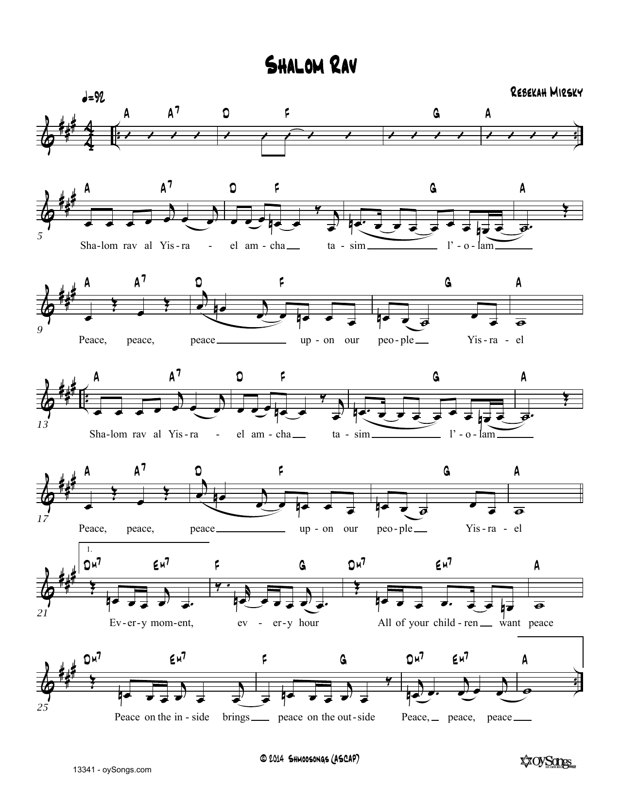 Rebecca Mirsky Shalom Rav sheet music notes and chords. Download Printable PDF.