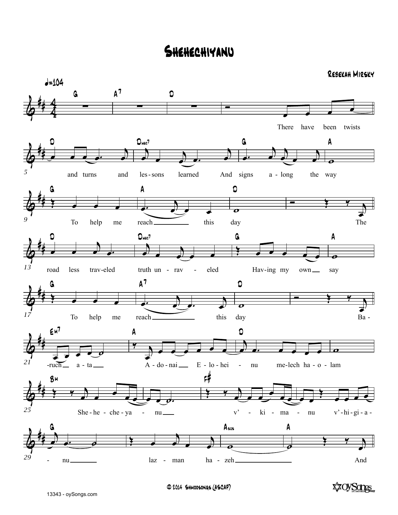 Rebecca Mirsky Shehechiyanu sheet music notes and chords. Download Printable PDF.