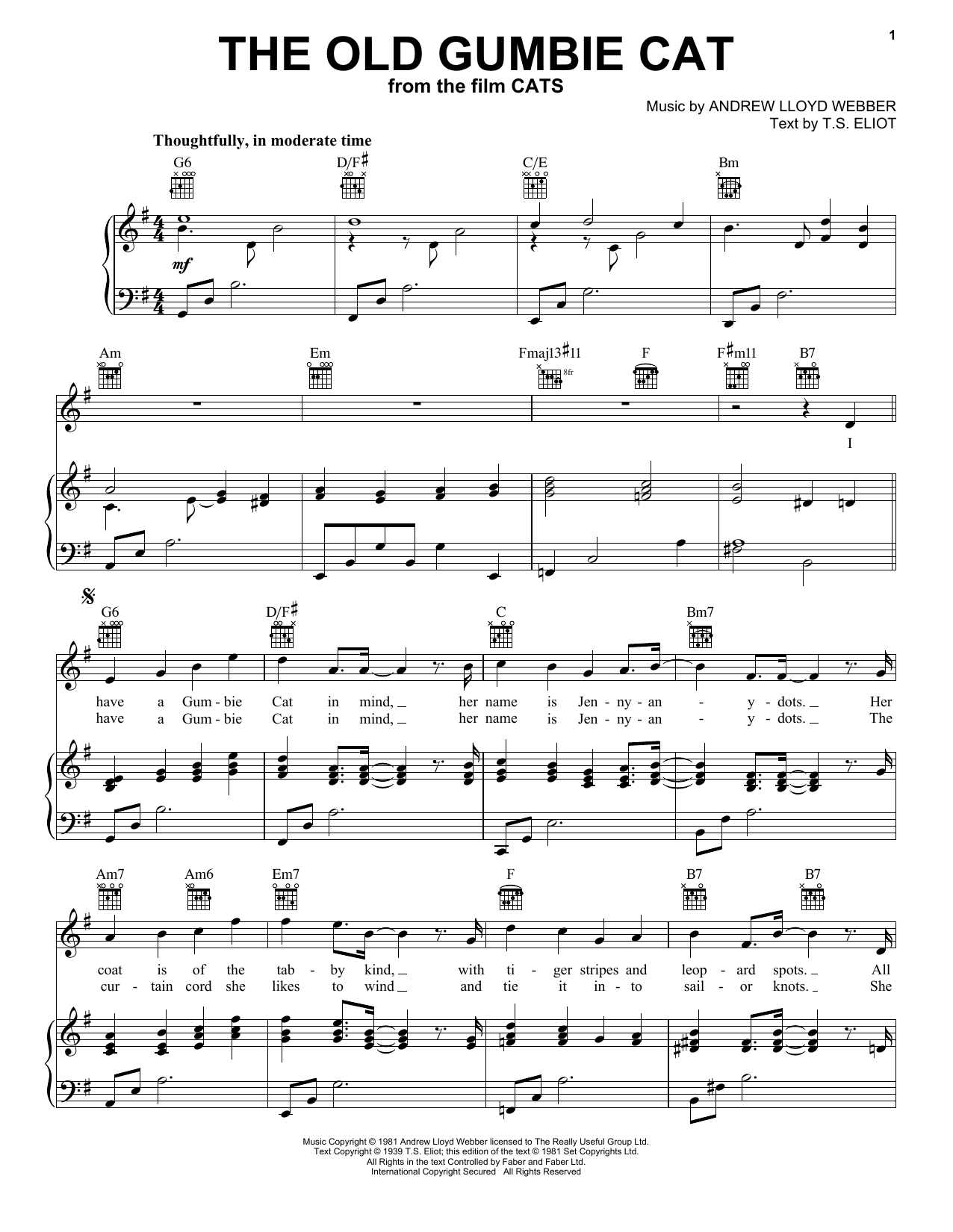Learn to play Rebel Wilson and Robbie Fairchild The Old Gumbie Cat (from the Motion Picture Cats) sheet music for Piano, Vocal & Guitar Chords (Right-Hand Melody) in minutes. Price: 6.9900$ Rebel Wilson and Robbie Fairchild The Old Gumbie Cat (from the Motion Picture Cats) sheet music notes and chords arranged for Piano, Vocal & Guitar Chords (Right-Hand Melody)