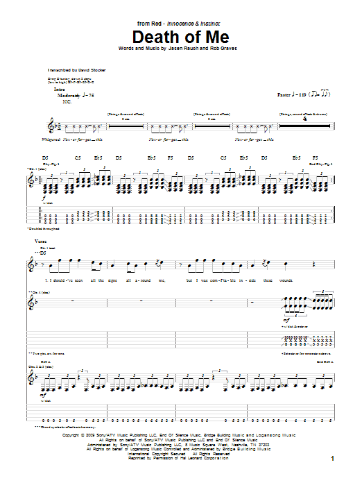 RED Death Of Me sheet music notes and chords. Download Printable PDF.