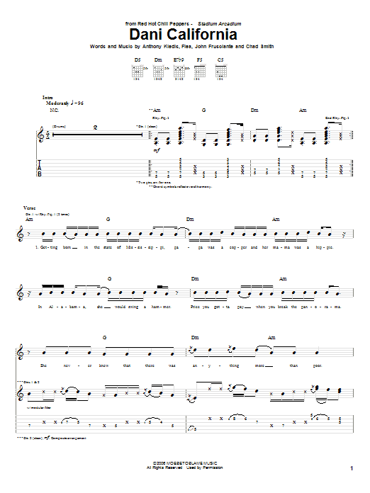Red Hot Chili Peppers Dani California sheet music notes and chords - Download Printable PDF and start playing in minutes.