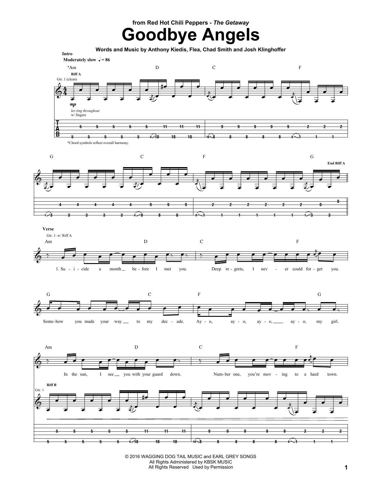 Red Hot Chili Peppers Goodbye Angels sheet music notes and chords. Download Printable PDF.